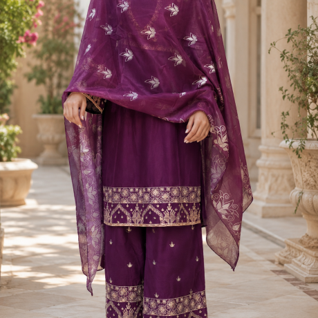 Purple Cambric 3 Piece Suit with Golden Thread Embroidery and Chiffon Dupatta