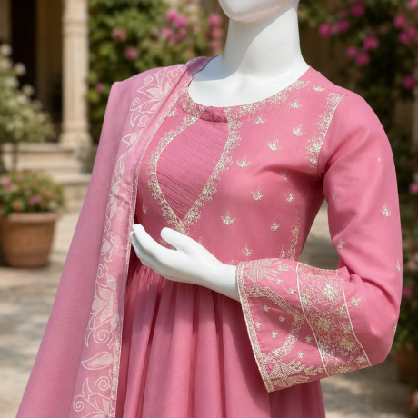 Elegant Noor Blush Embroidered 3Pc Cambric with Chiffon Dupatta