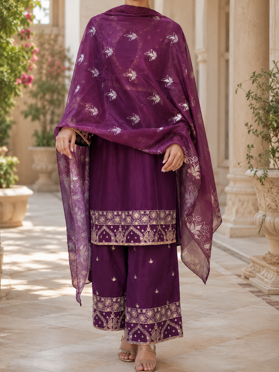 Purple Cambric 3 Piece Suit with Golden Thread Embroidery and Chiffon Dupatta